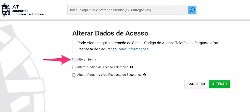 caixa de senha alterar