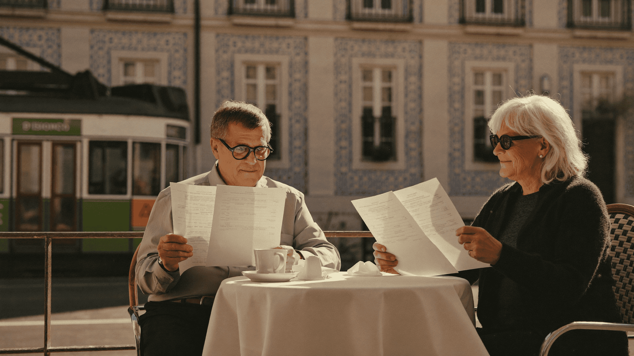 Retired couple reviewing pension statements over coffee at a sunny Lisbon café terrace