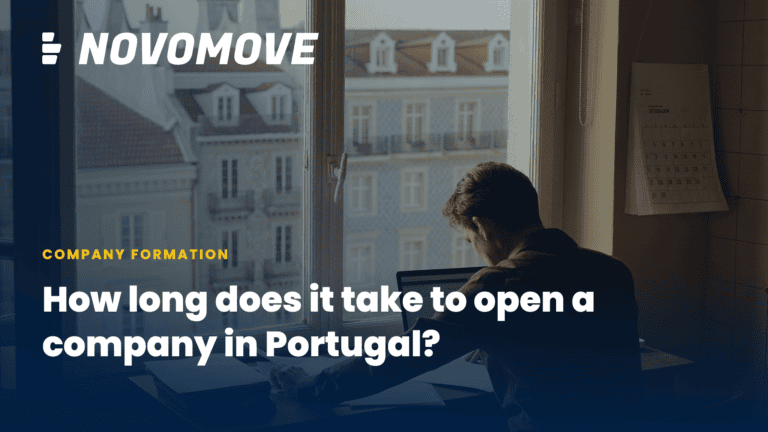 Entrepreneur reviewing company registration documents at a sunlit desk in Lisbon; Novomove — How long does it take to open a company in Portugal?