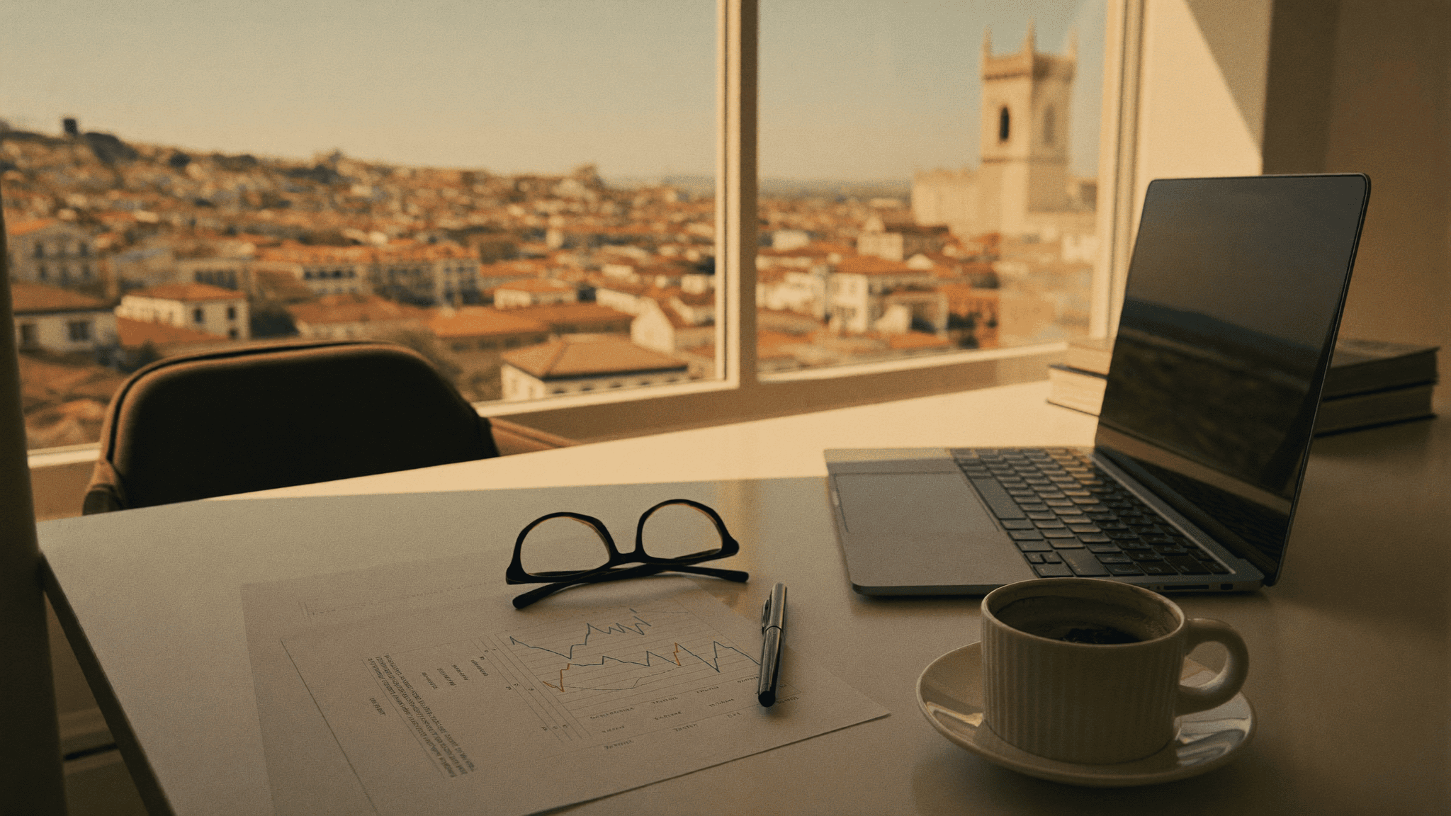 Printed financial comparison spreadsheet on a bright desk overlooking Lisbon rooftops