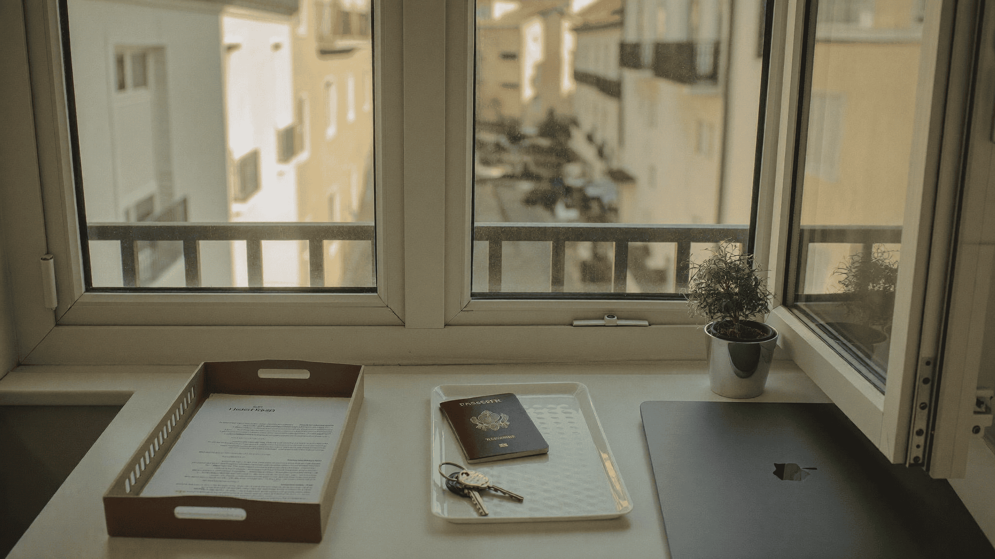Passport and official document on a tidy desk by a bright Lisbon window