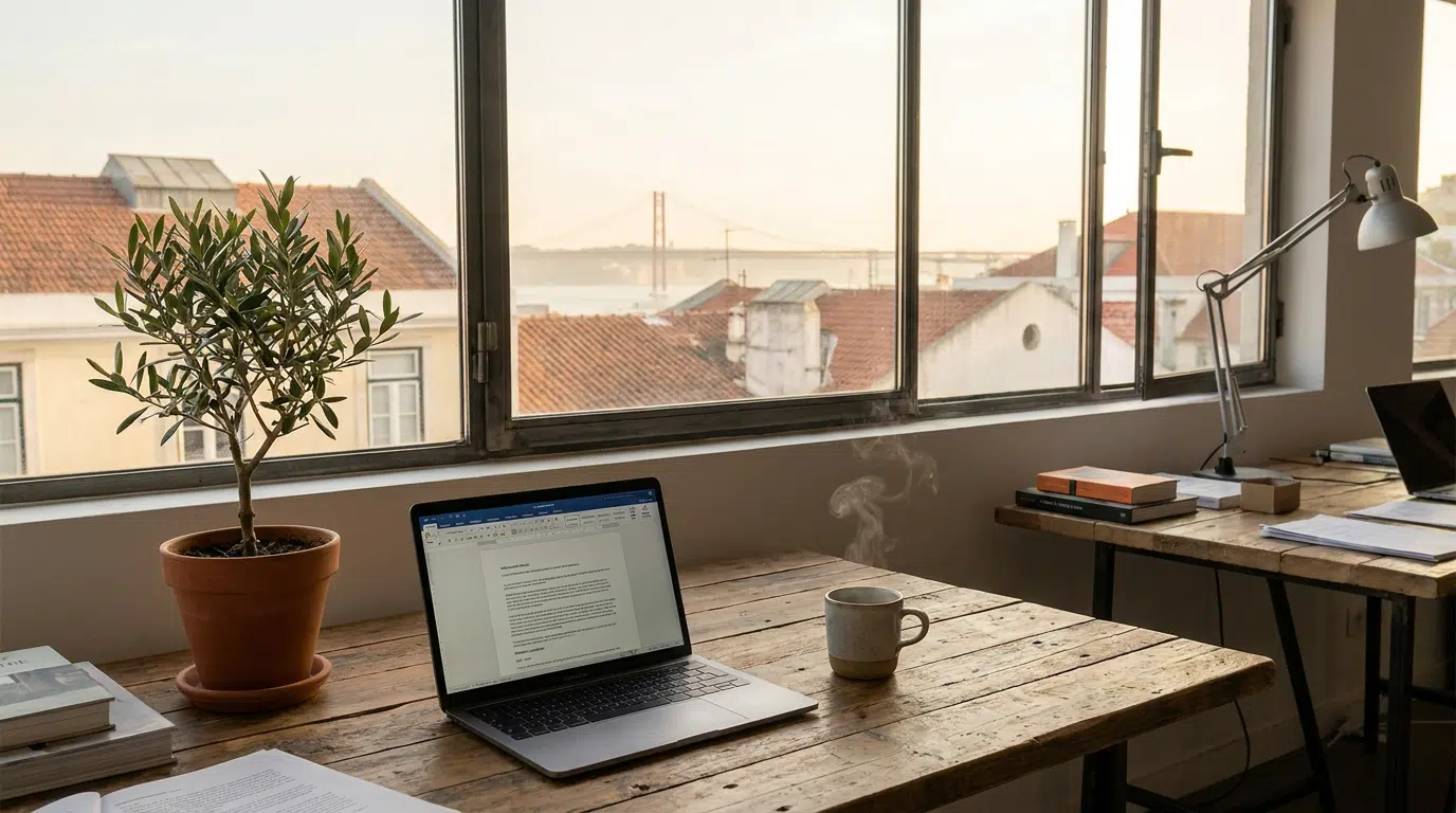 Bright desk with a laptop overlooking Lisbon rooftops