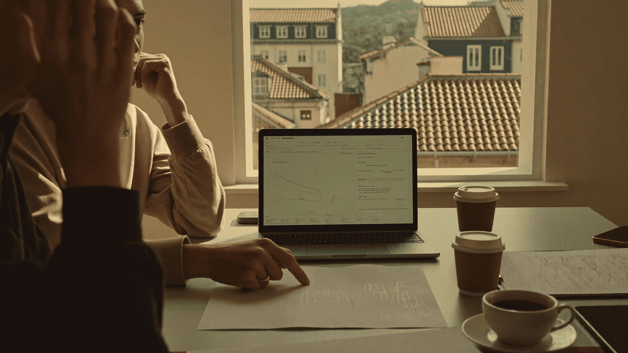 Two people reviewing tax documents together at a bright table in a Lisbon office