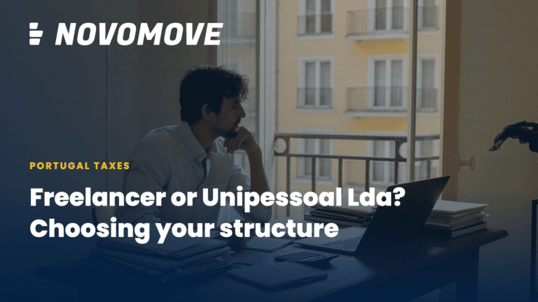 Freelance consultant weighing two stacks of paperwork at a sunlit desk in Lisbon; Novomove — Freelancer or Unipessoal Lda? How to choose your structure in Portugal