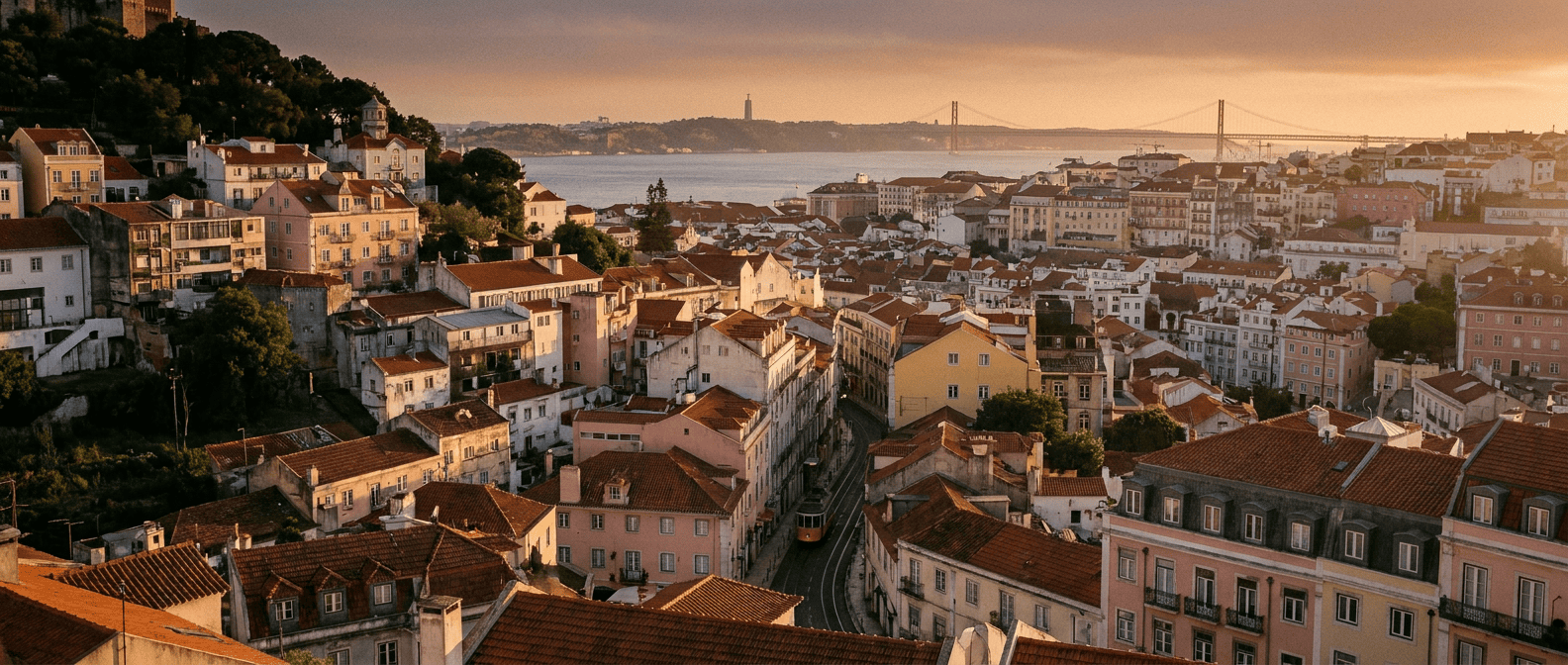Lisbon rooftops descending toward the Tagus at golden hour, the 25 de Abril bridge in the distance
