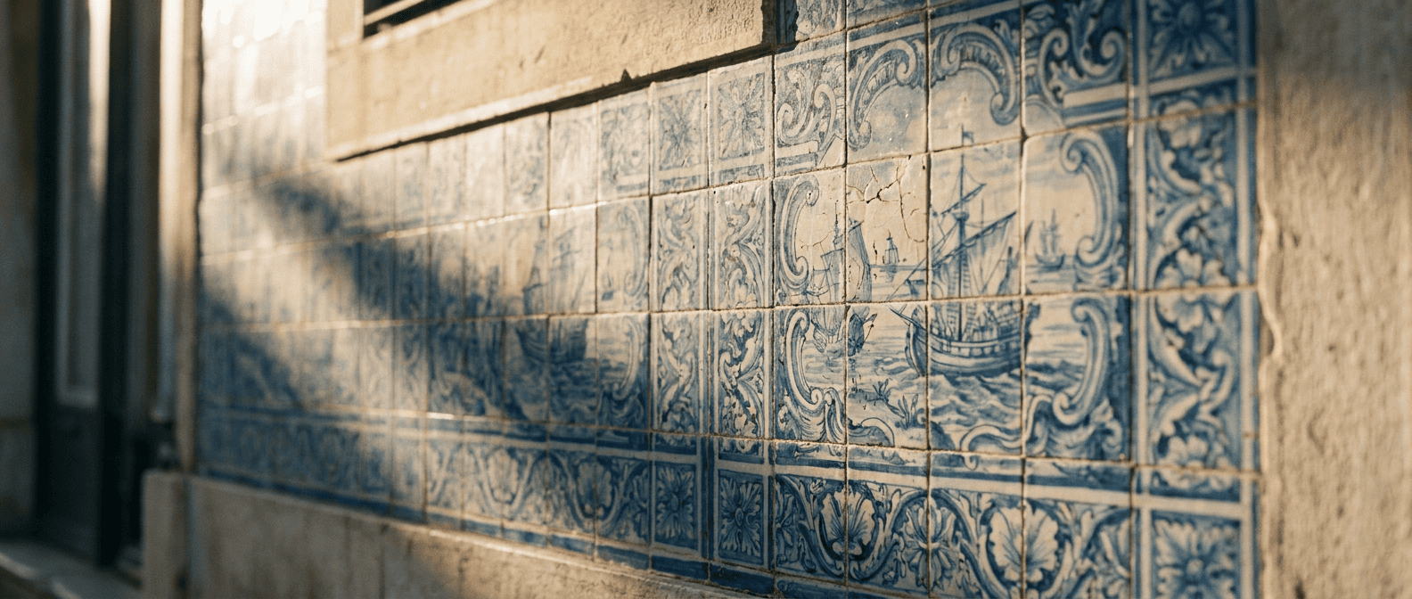 Traditional Portuguese azulejo tiles in warm afternoon light