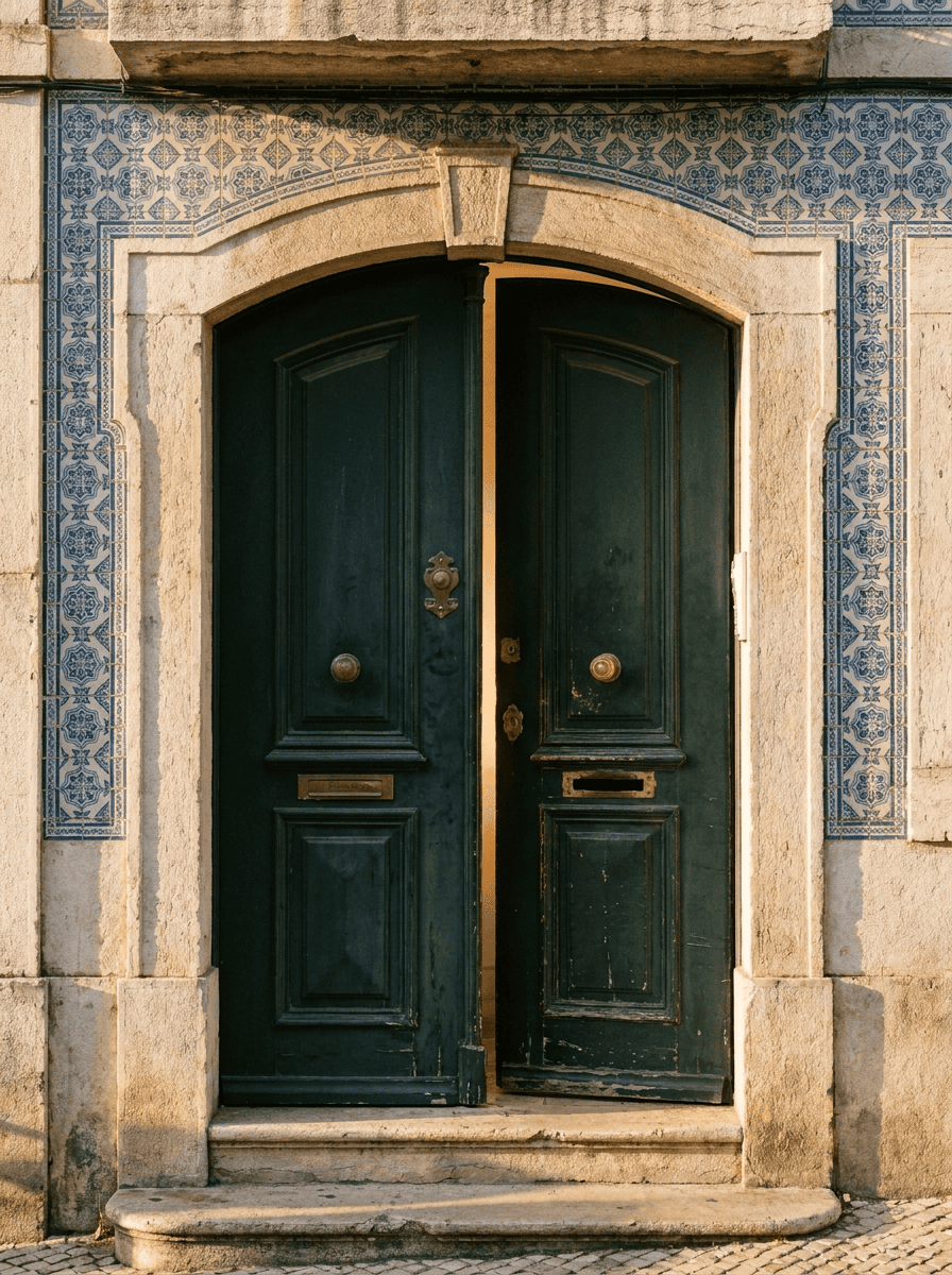 An elegant old Lisbon doorway in golden-hour light, slightly ajar