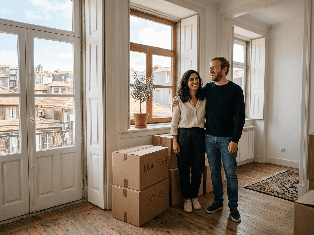 A couple in the living room of their newly rented flat in Porto, moving boxes still unopened
