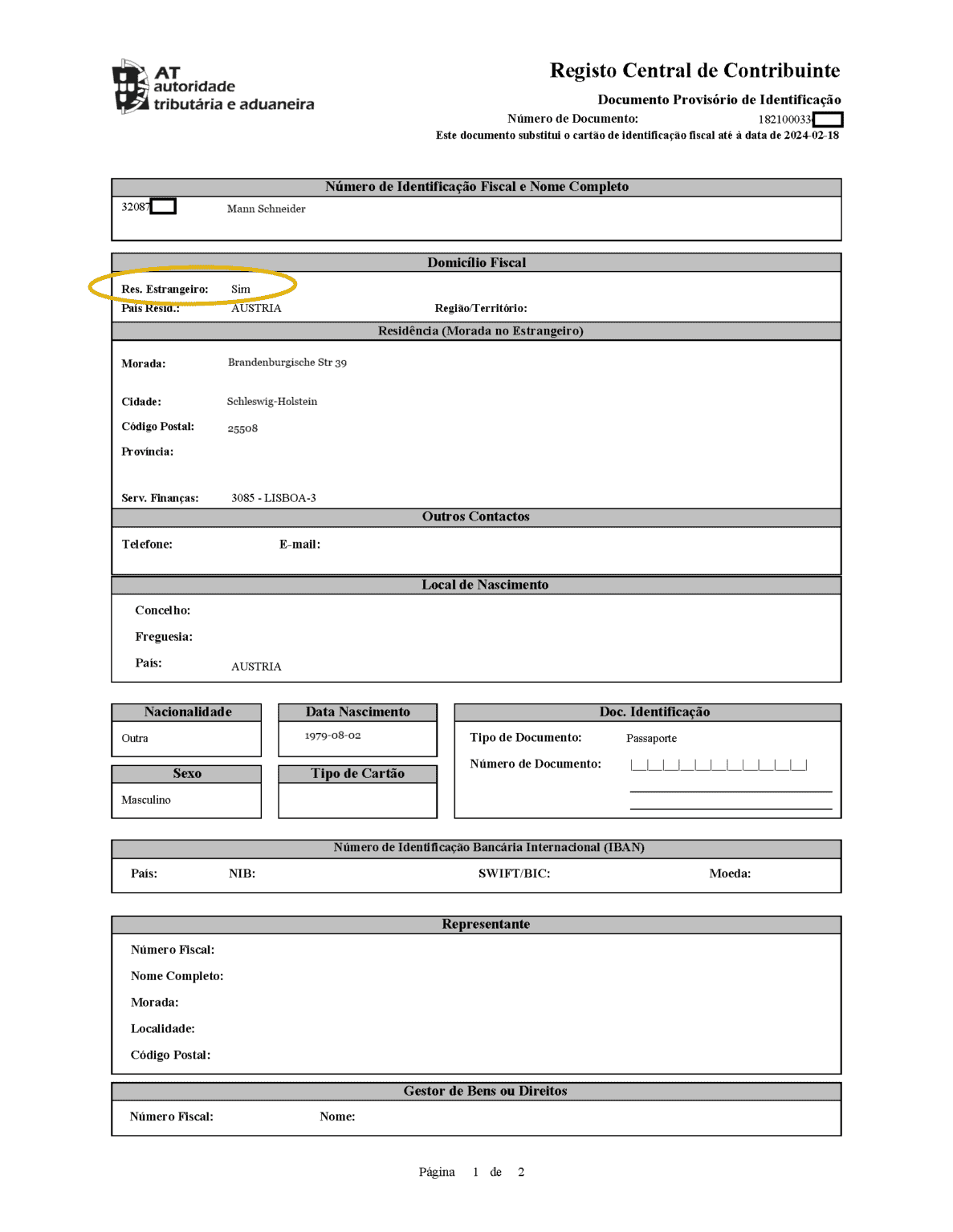 Example Portuguese NIF certificate with Res. Estrangeiro: Sim circled in gold, confirming non-resident tax status