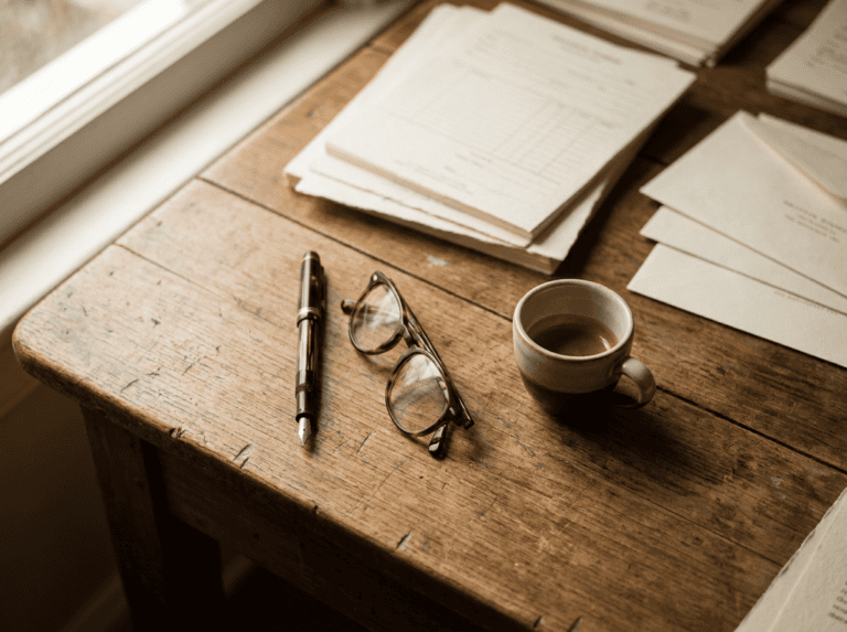 Paper forms, envelopes and a fountain pen on a wooden desk — the Portal das Finanças password still arrives on paper, by post