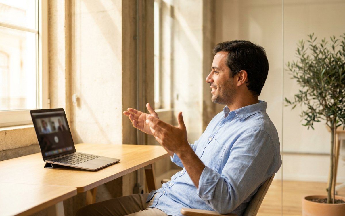 Consultor fiscal numa videochamada num escritório moderno em Lisboa