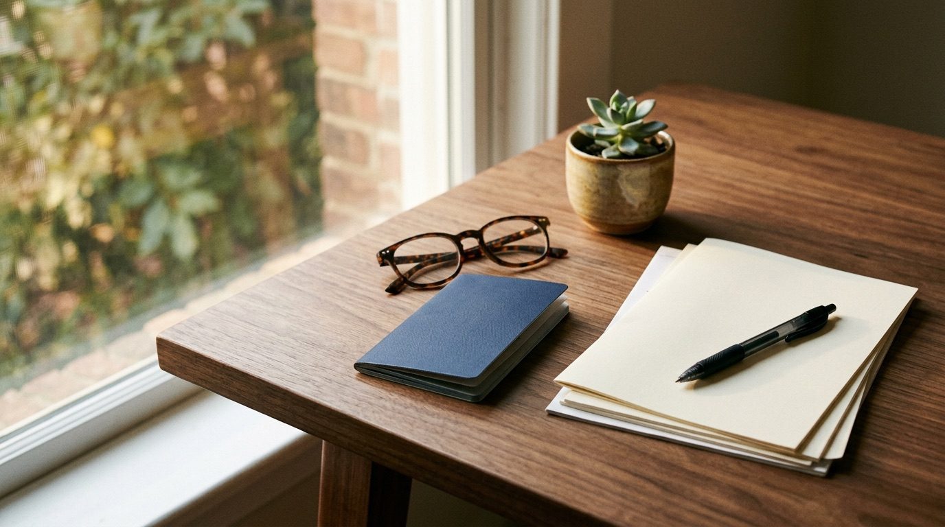 A passport, reading glasses and a stack of documents on a wooden desk in morning light