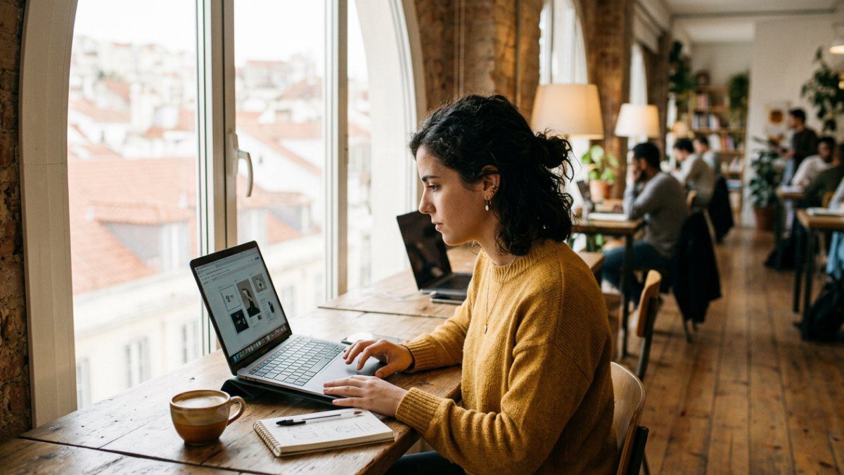 Freelancer working at a bright Lisbon co-working desk