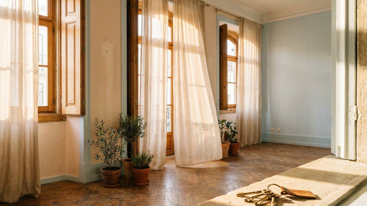 Chaves no parapeito de um apartamento luminoso em Lisboa
