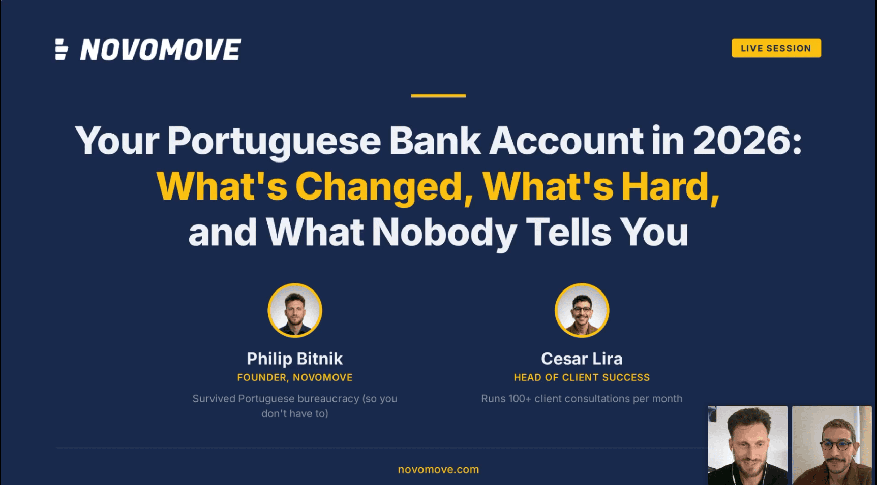 Diapositivo de título do webinar sobre a conta bancária portuguesa com Philip Bitnik e Cesar Lira