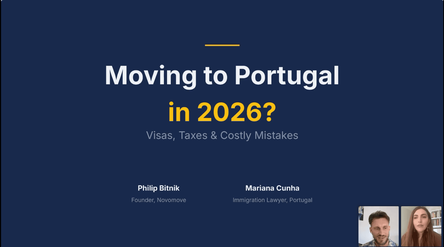 Title slide of the Moving to Portugal in 2026 webinar with Philip Bitnik and Mariana C.