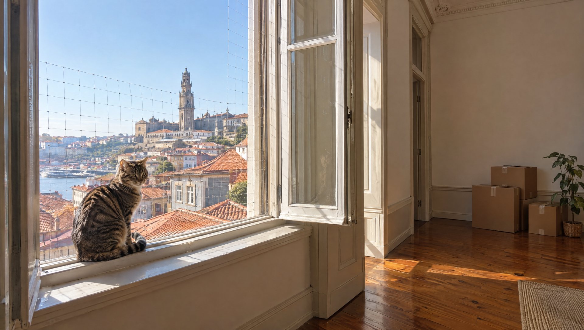 A tabby cat on the windowsill of a bright, almost empty Porto flat, a cat safety net across the window and terracotta rooftops outside