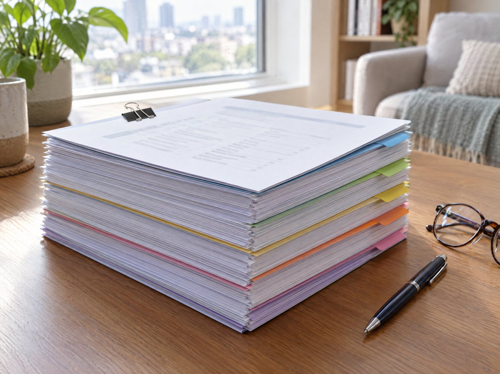 A very thick visa application file with coloured tab dividers and a one-page summary sheet clipped on top, on a wooden desk