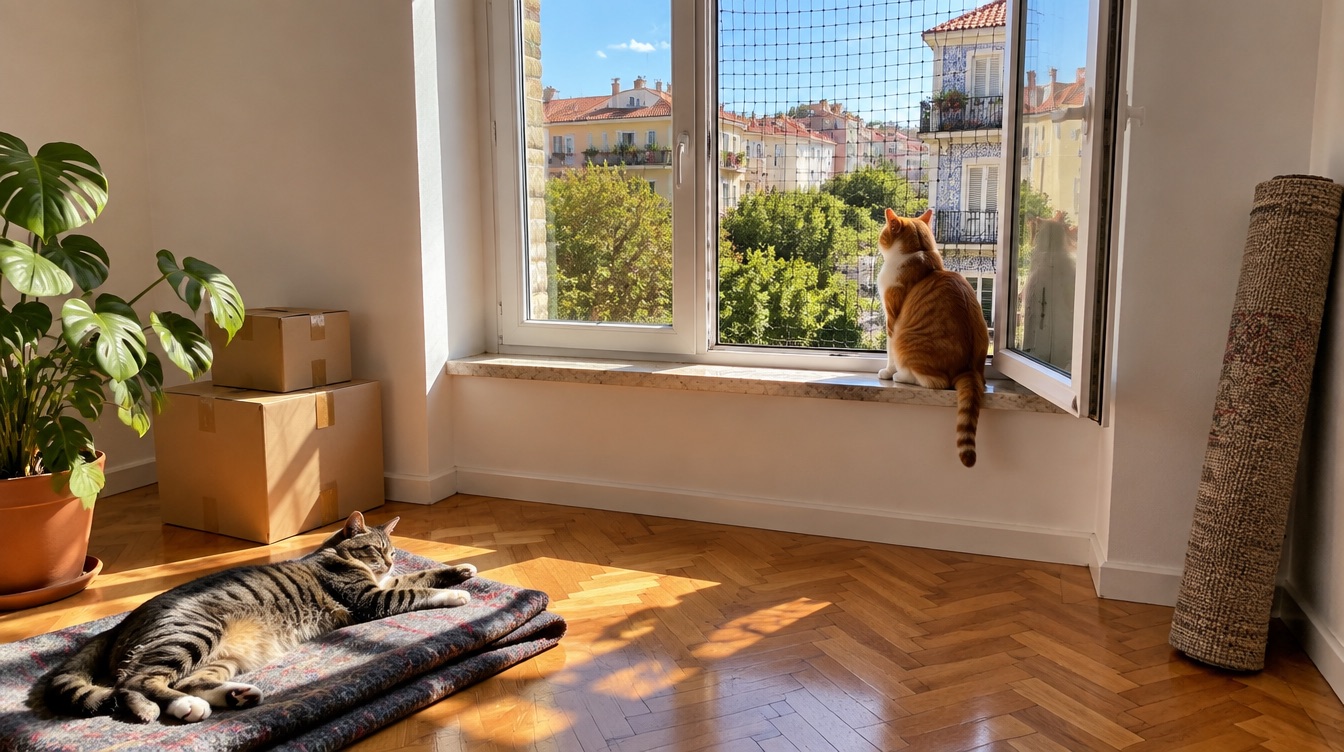 A grey tabby stretched out in the sun on a moving blanket and a ginger-and-white cat on the windowsill of a bright, almost empty flat in Lumiar, a cat safety net over the window