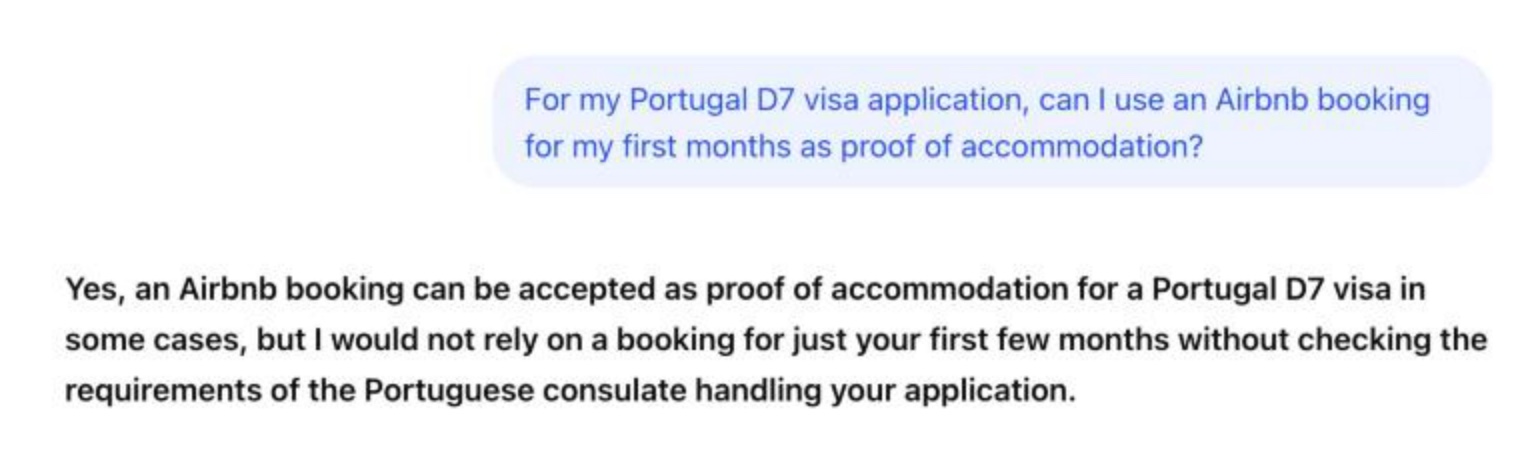 ChatGPT answering that an Airbnb booking can be accepted as proof of accommodation for a Portugal D7 visa in some cases