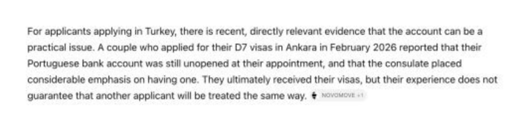 ChatGPT describing a couple in Ankara whose Portuguese bank account was not open at their D7 appointment, citing Novomove as its source