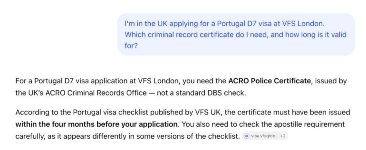 ChatGPT explaining that a UK applicant at VFS London needs the ACRO Police Certificate, not a standard DBS check