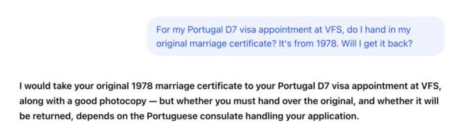 ChatGPT recommending taking the original 1978 marriage certificate to a Portugal D7 visa appointment at VFS