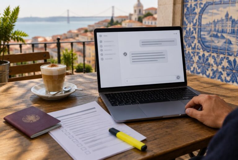 A laptop with an AI chat on a Lisbon café terrace, next to a passport, a visa checklist and a coffee