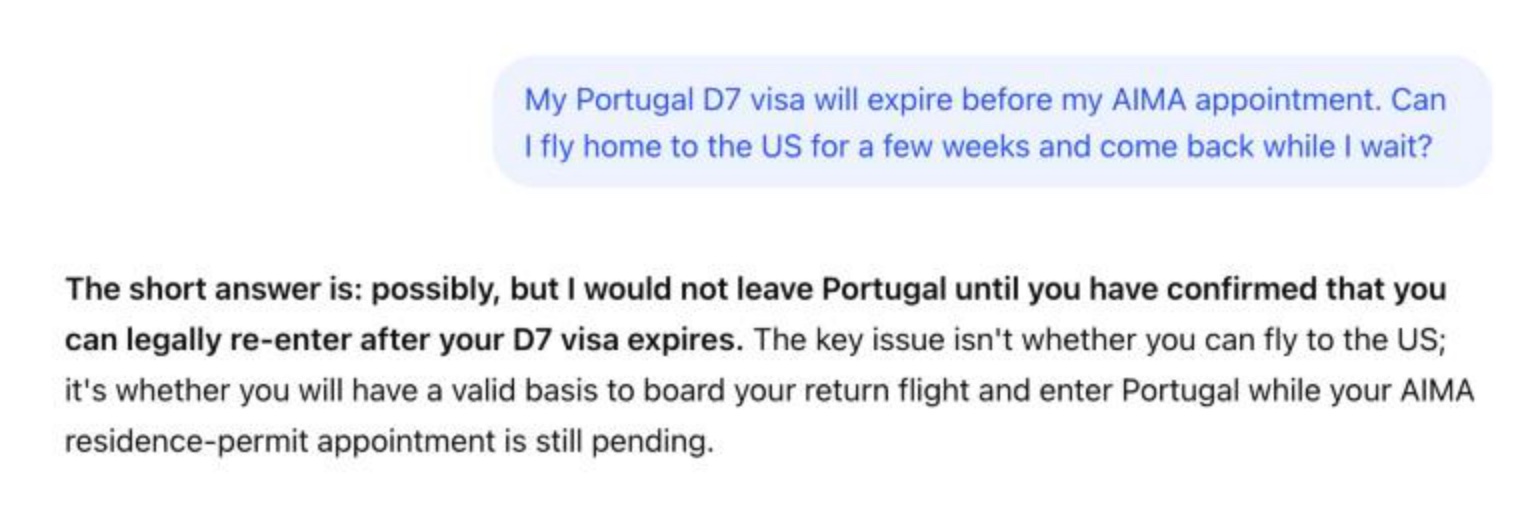 ChatGPT saying the short answer is possibly, about leaving Portugal after a D7 visa expires