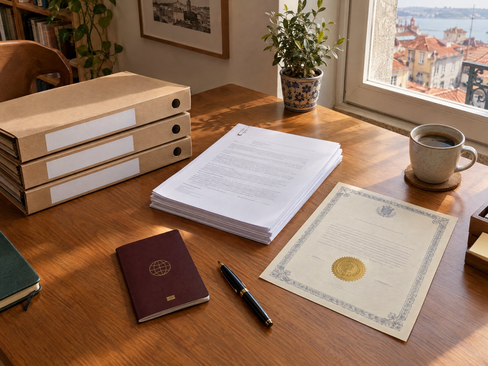 A tidy desk with document folders, a stack of printed pages, an apostilled certificate and a passport by a sunny window