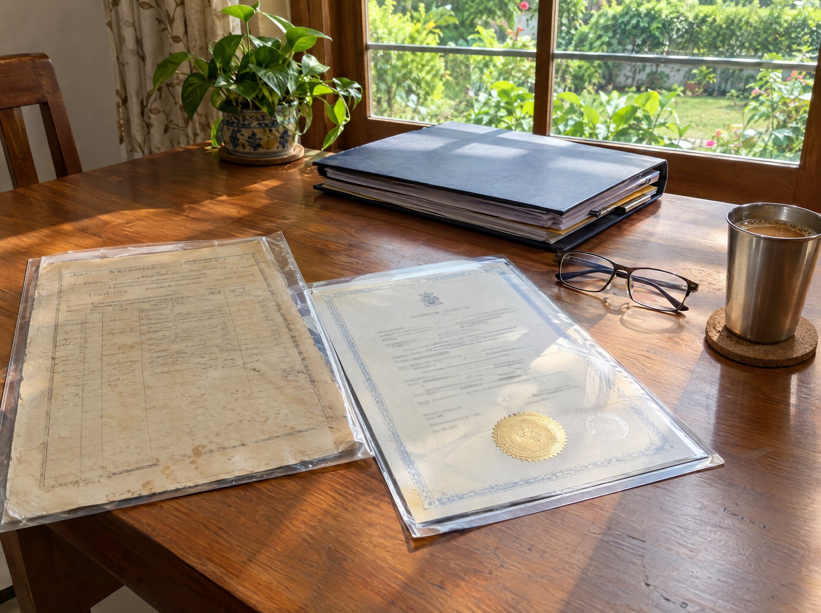 An older family document and an apostilled certificate on a desk, with reading glasses and a cup of tea