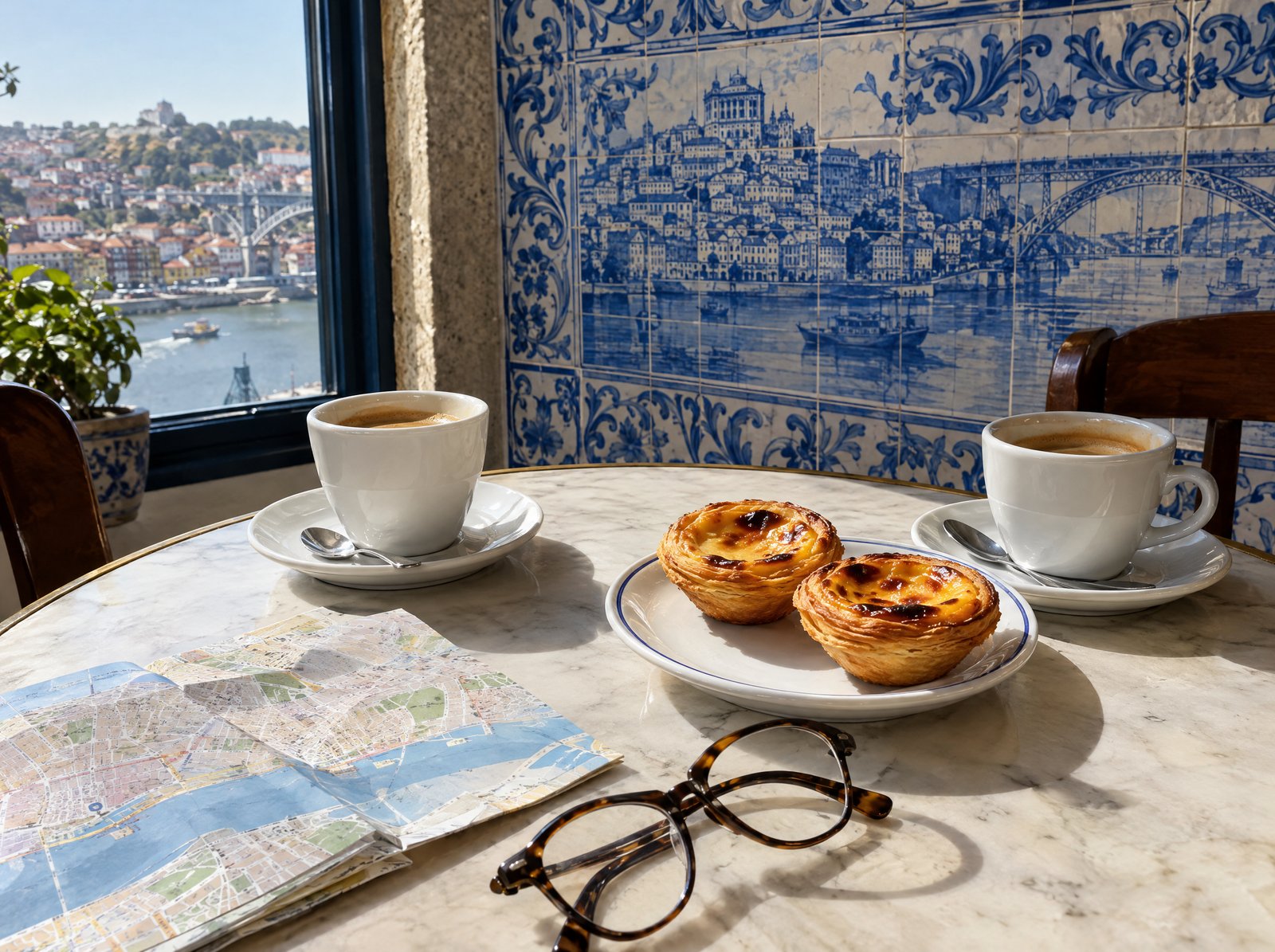 Two coffees and pastéis de nata on a café table in Porto with blue and white azulejo tiles