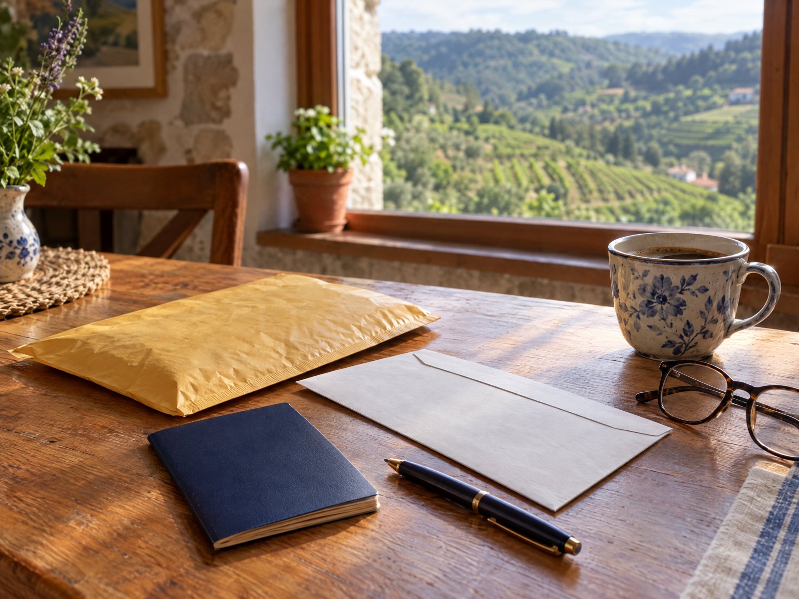 A passport, a padded mailing envelope and a self-addressed return envelope on a kitchen table, with vineyards outside the window