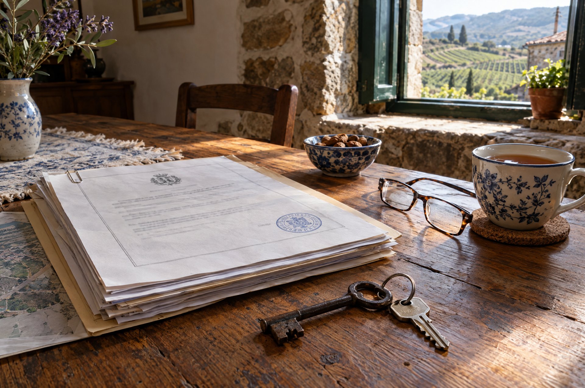 Property paperwork, an old iron house key and a newer key on a wooden table in a stone house, with tea and reading glasses