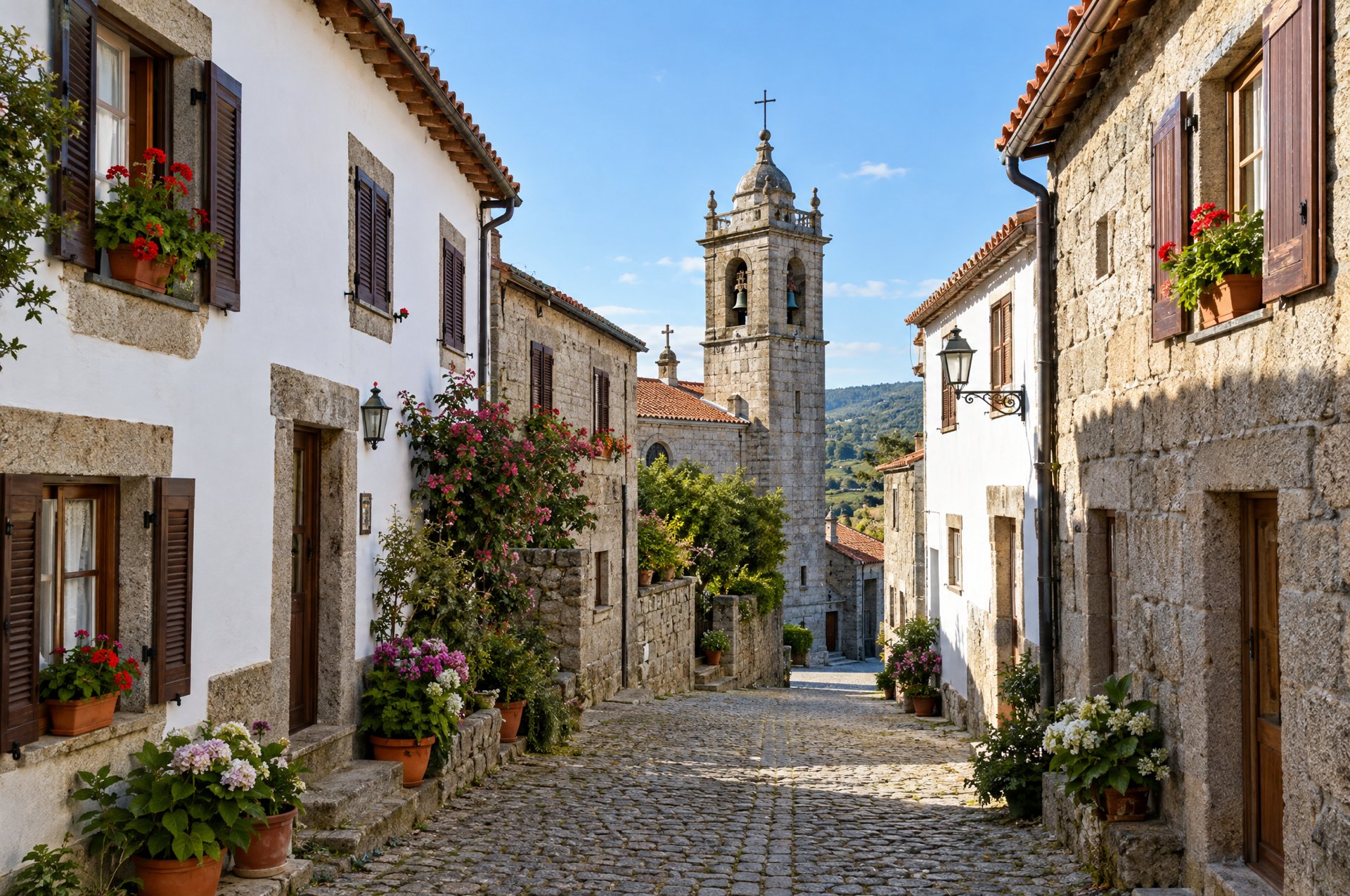 A cobbled street of granite and whitewashed houses leading to a church bell tower in a northern Portuguese village