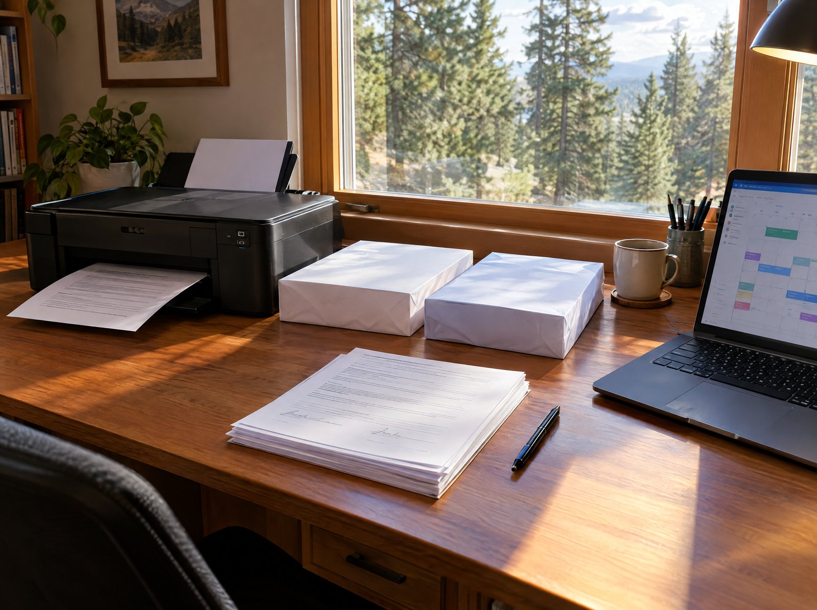 A home office desk with a printer, reams of A4 and US letter paper and signed bank forms