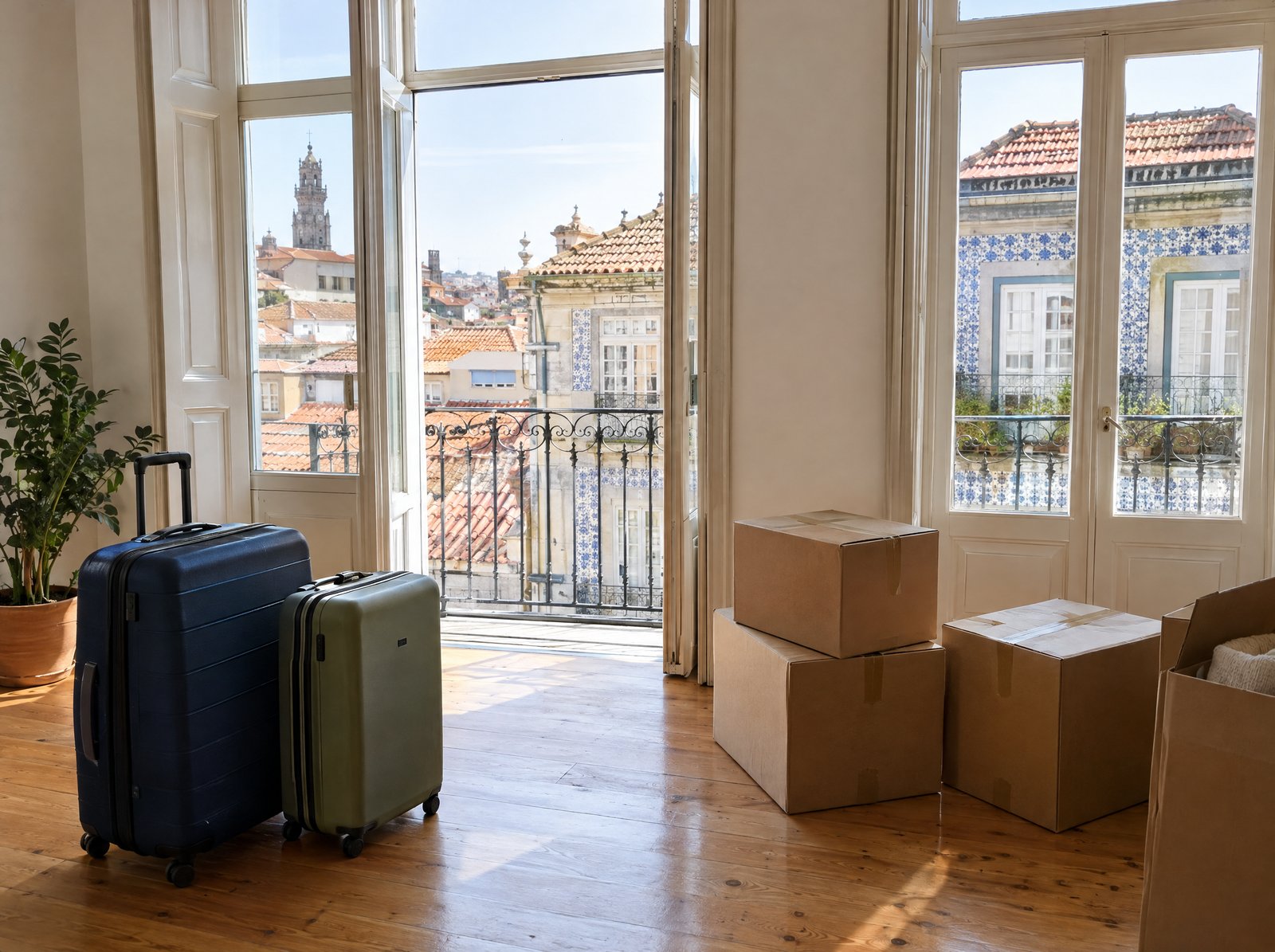 Suitcases and moving boxes in a bright Porto flat with a balcony over terracotta rooftops