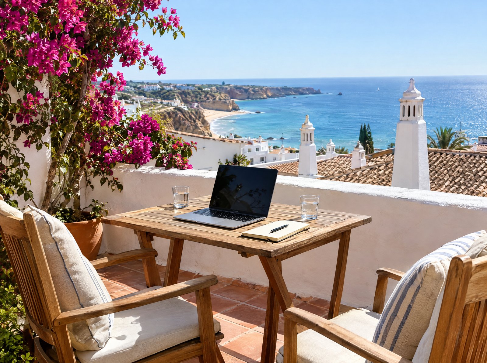 A laptop on a table on a sunny whitewashed terrace with bougainvillea and a view of the Atlantic in the Algarve