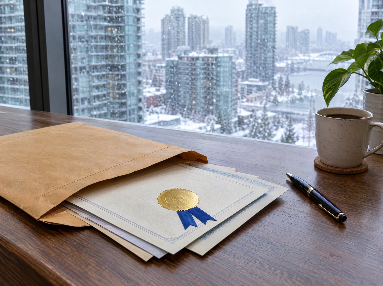 An open courier envelope with apostilled certificates on a desk, a snowy city skyline outside the window