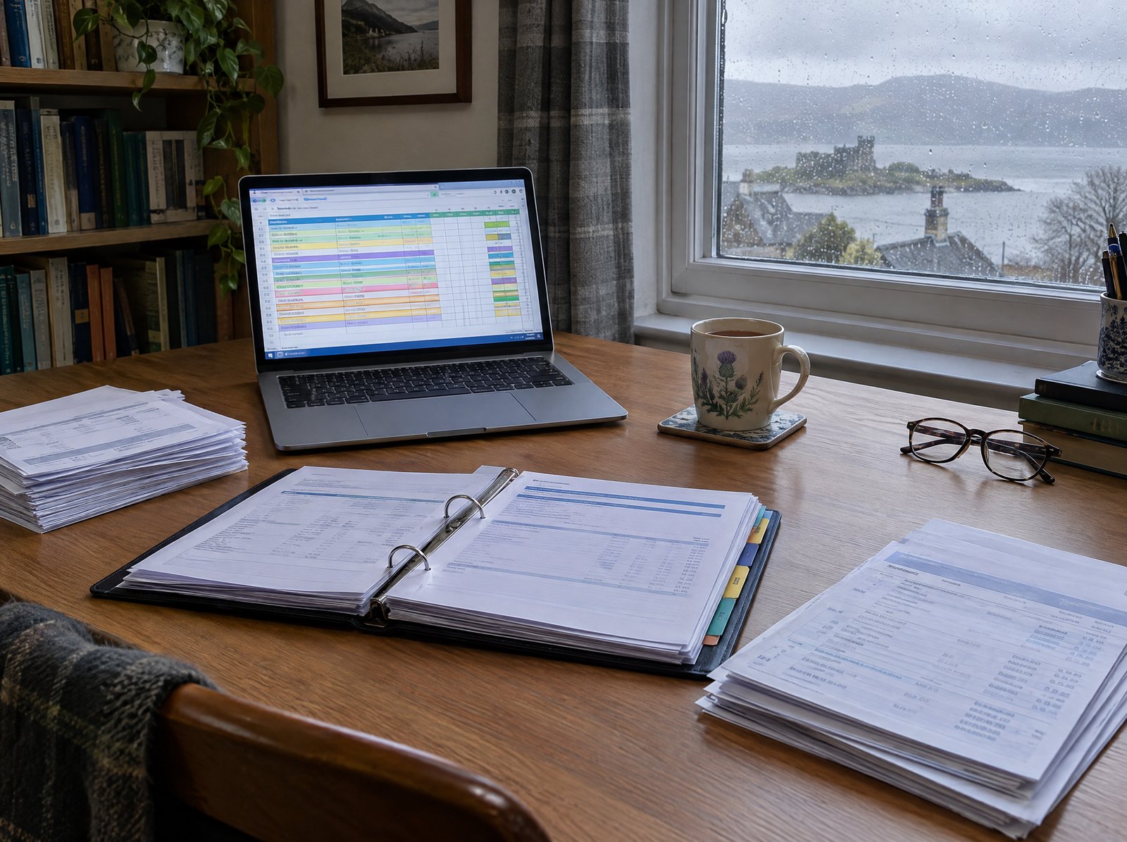 A desk with a laptop showing a tracking spreadsheet, payslips, company documents and bank statements