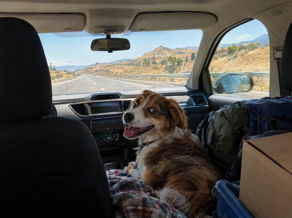 A dog on the back seat of a car on a road trip through Spain (illustrative image)