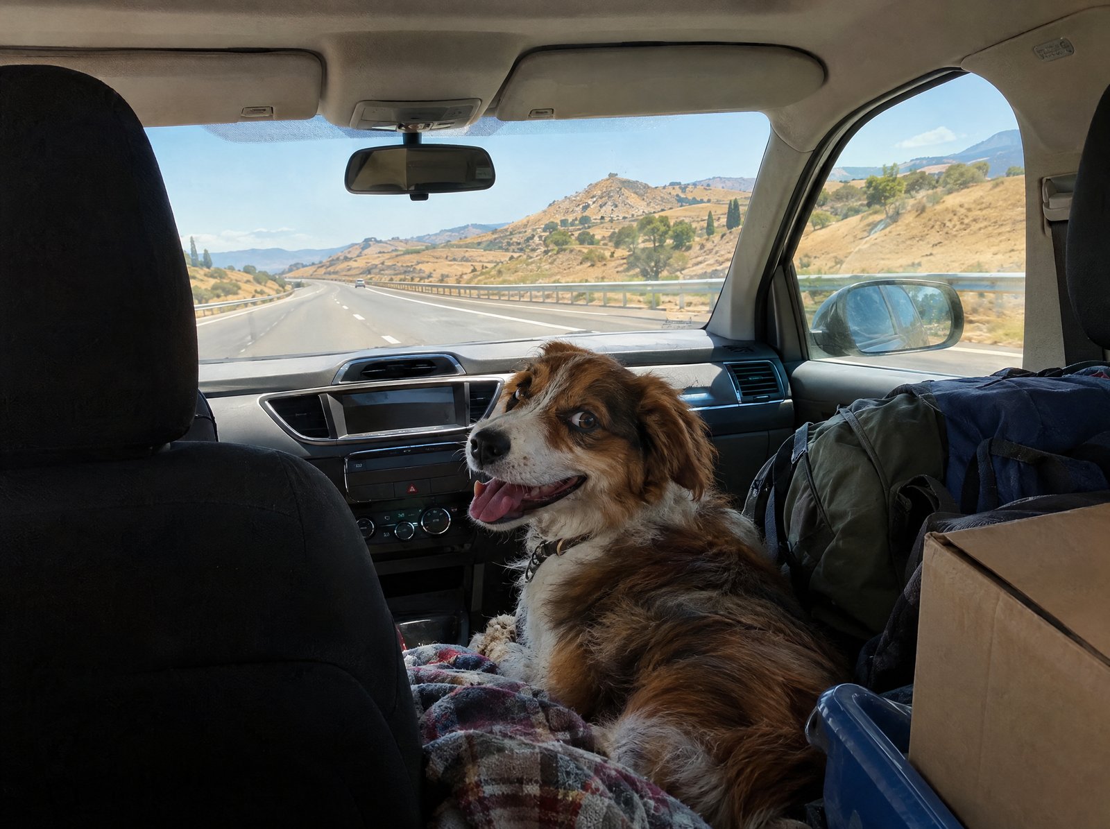 A dog sitting on the back seat of a car packed for a road trip through the Spanish countryside