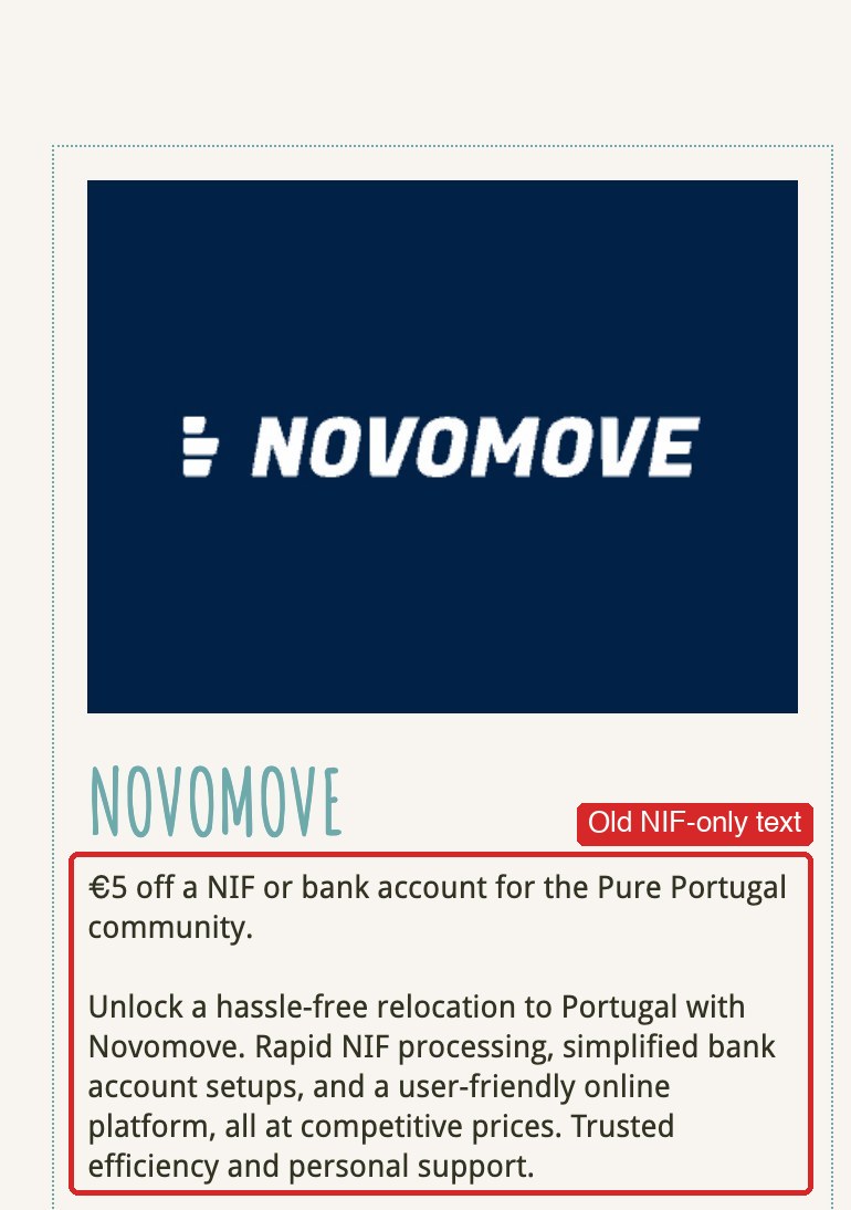 Current Novomove category card with the old NIF-only text