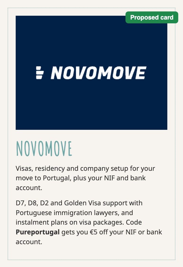 Proposed Novomove category card with the new visa-led text
