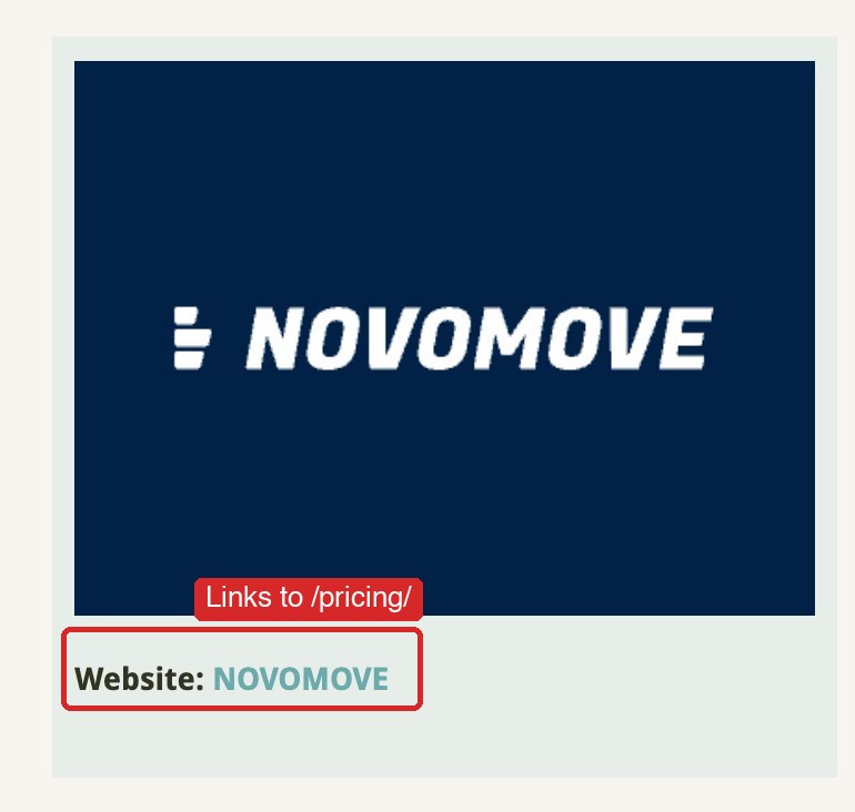 Sidebar Website link on the Novomove listing pointing to the pricing page