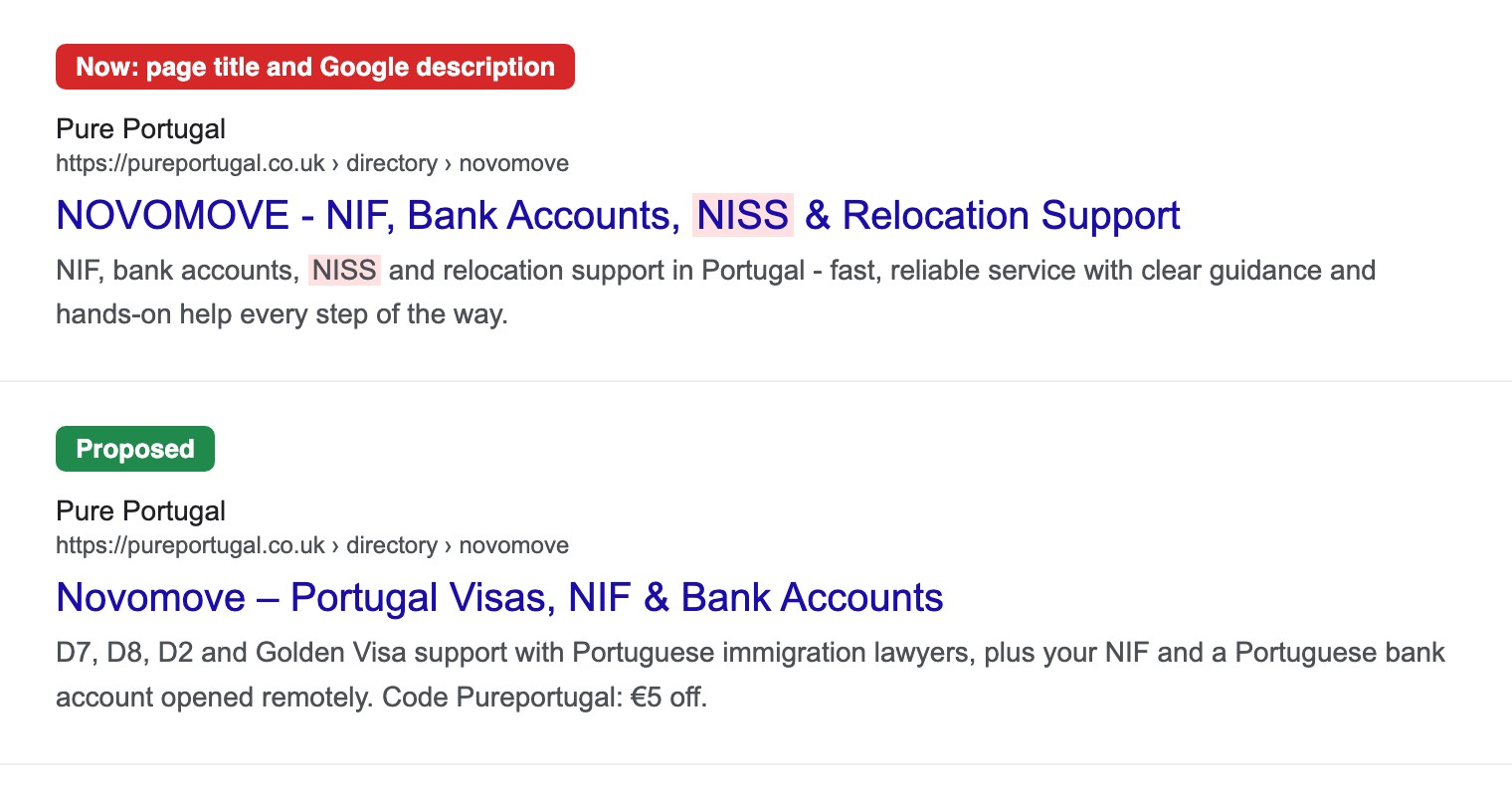 How the Novomove listing shows in Google now, and the proposed title and description