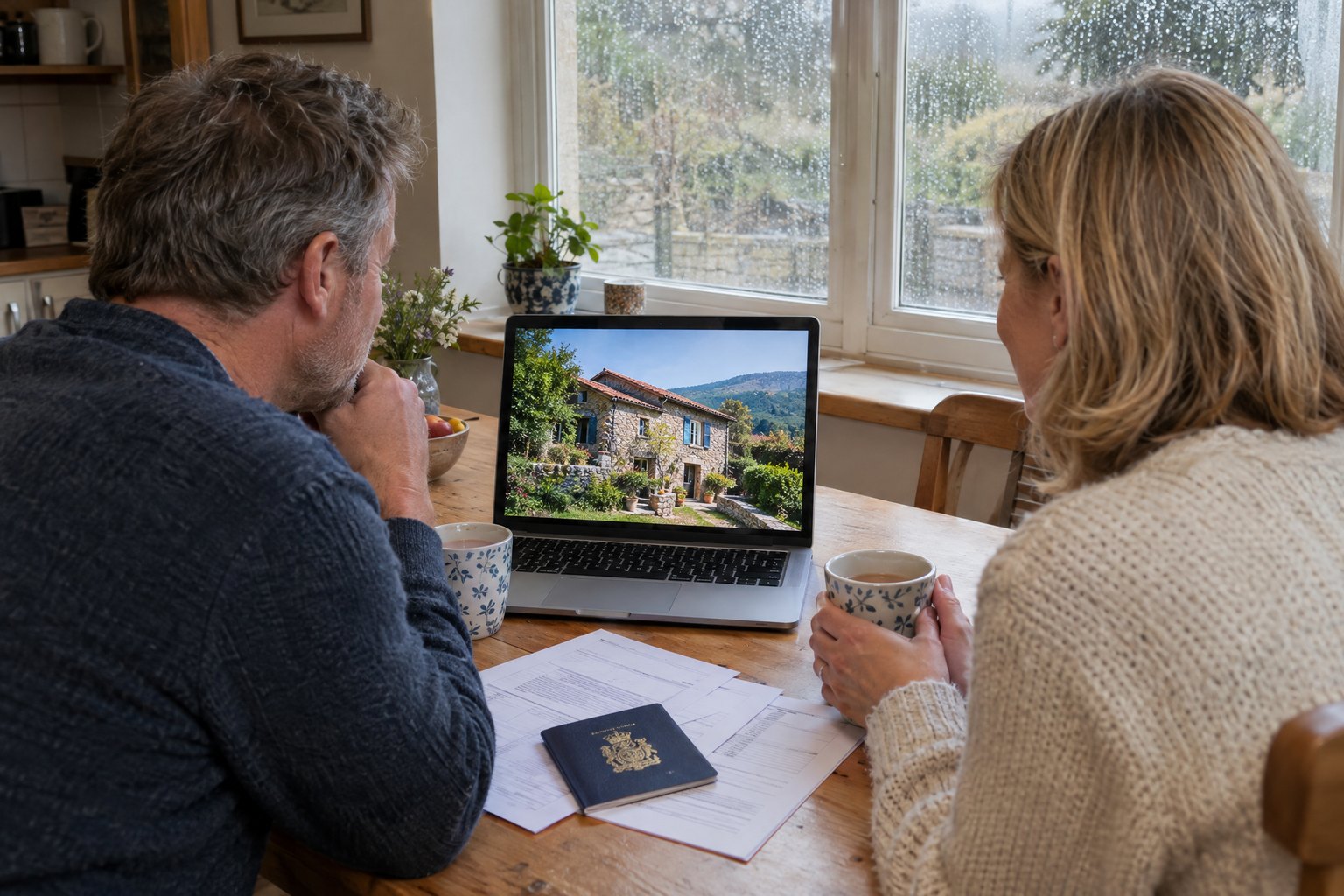 A British couple at their kitchen table looking at a Portuguese stone house on a laptop